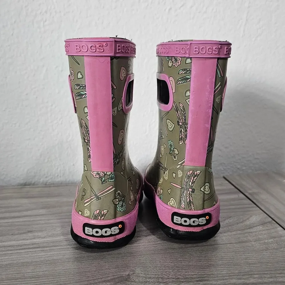 Bogs Skipper Rain Boots Gray Pink Dragonfly Little Kids US 8 Outdoor Waterproof